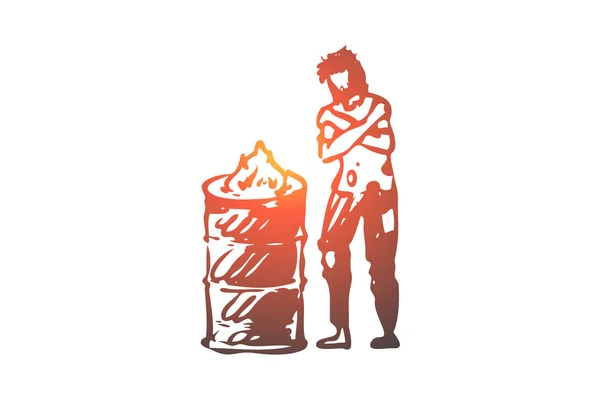 Homeless, fire, poor, problem, trouble concept. Hand drawn isolated vector. — Stock Vector