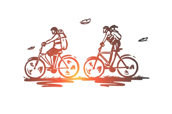 Cyklu, Turystyka, rower, jazdy, turystów, koncepcja aktywnego. Ręcznie rysowane na białym tle wektor. — Wektor stockowy