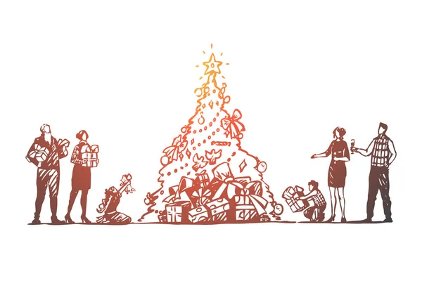 Weihnachten, große Familie, Baum, Feier, glückliches Konzept. von Hand gezeichneter isolierter Vektor. — Stockvektor