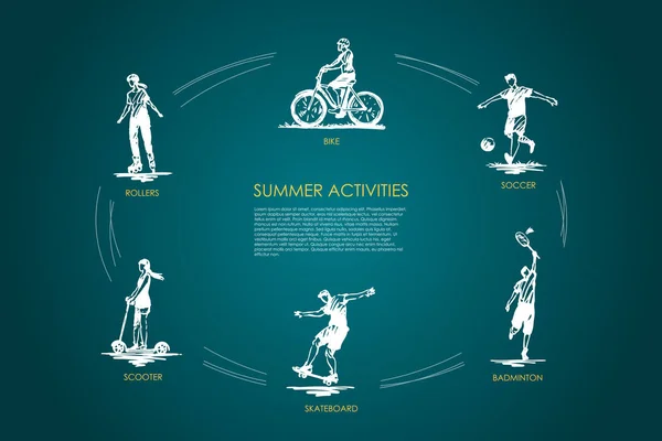 Actividades de verano - bicicleta, fútbol, bádminton, monopatín, rodillos, scooter vector concepto conjunto — Vector de stock