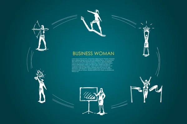 Geschäftsfrau - Frauen mit Stern in der Hand, Bogenschießen, mit Trophäe, Zielüberquerung, Klettern auf Pfeil-nach-oben-Vektor-Konzept — Stockvektor