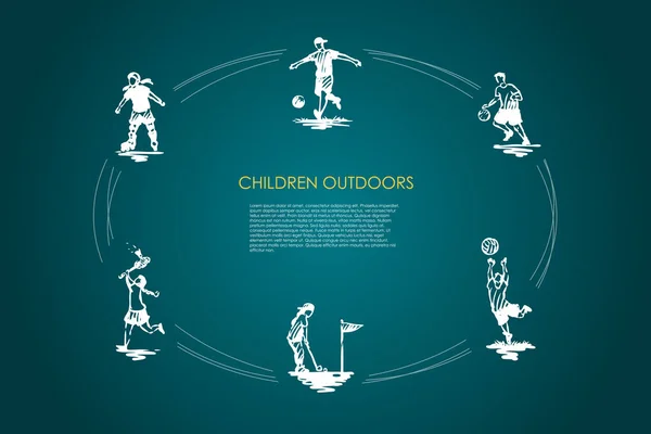Niños al aire libre - niños jugando fútbol, fútbol, golf, bádminton y patinaje conjunto de conceptos de vectores — Archivo Imágenes Vectoriales