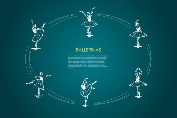 Balerinler - kavram kümesi farklı dans eden pozlar kadın dansçıları vektör — Stok Vektör