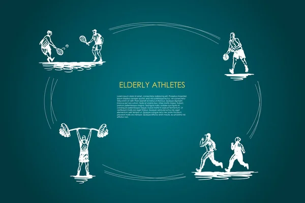 Atletas idosos - pessoas idosas jogging, jogando tênis, futebol e fazendo exercícios vetor conceito definido —  Vetores de Stock