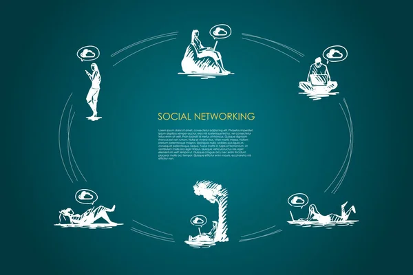 Sieci społeczne - osób pracujących na laptopy i za pomocą smartfonów wektor koncepcja zestawów — Wektor stockowy