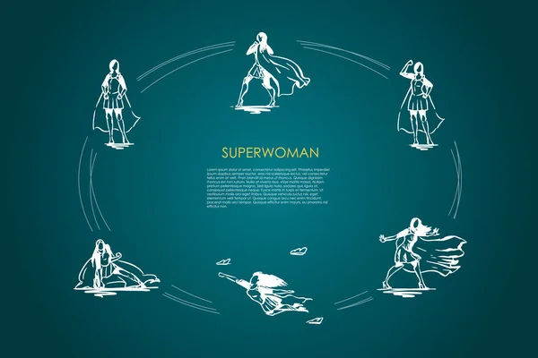 Superwoman - kvinna i superman dräkt och på höga klackar flyger, kämpar och visar hennes makt vektor konceptet inställd — Stock vektor