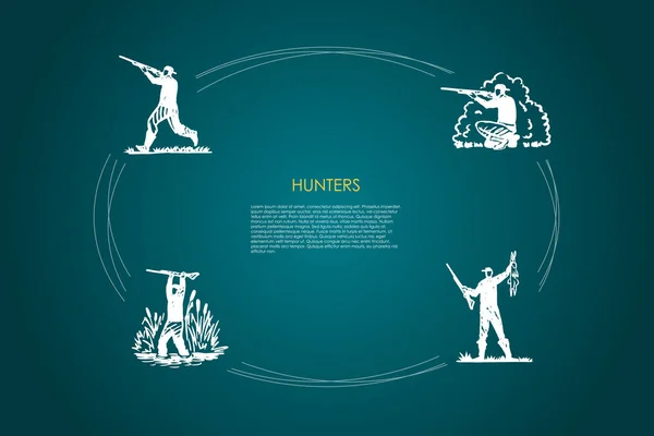 Hunters - mężczyzn z strzelnica w lesie i bagno, trzymając zabił królika wektor koncepcja zestaw — Wektor stockowy