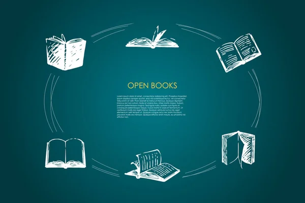 Libros abiertos - libros con páginas abiertas y cubiertas vector concepto conjunto — Vector de stock