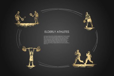 Elderly athletes - old people jogging, playing tennis, football and doing exercises vector concept set clipart