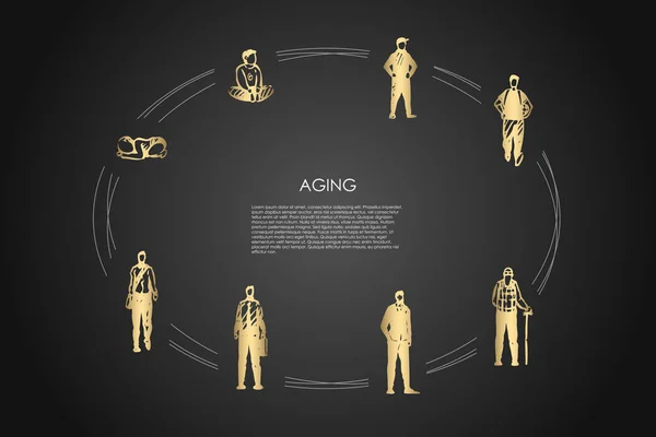 Envelhecimento - diferentes estágios da idade do homem desde a infância, menino de infância até adulto e homem velho conjunto de conceitos vetoriais — Vetor de Stock