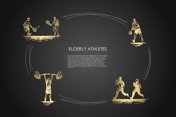 Los atletas de edad avanzada - los ancianos trotar, jugar al tenis, fútbol y hacer ejercicios vector concepto conjunto — Archivo Imágenes Vectoriales