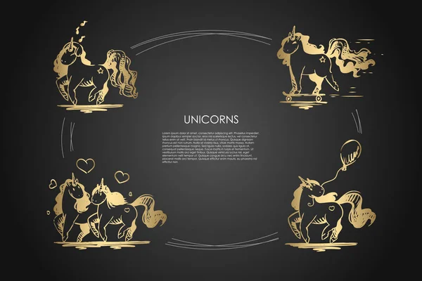Unicornios - pareja enamorada, celebración de airballon, montar en monopatín y cantar unicornios vector concepto conjunto — Vector de stock