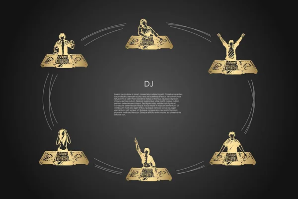 DJ - hombres y mujeres DJs en auriculares que reproducen música vector concepto conjunto — Vector de stock