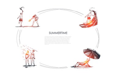 Parkta - güneşlenme ve vektör kavramı set rahatlatıcı badminton, sörf, sürme oynayan insanlar yürümek