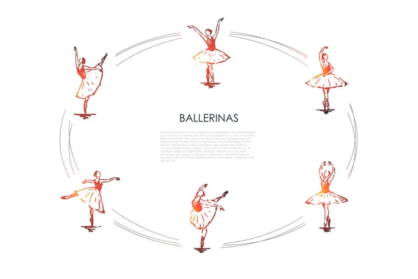 Ballerina Vrouwen Dansers Dragen Traditionele Ballet Kostuum Verschillende Poses Van — Stockvector