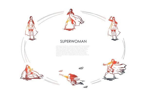 Superwoman - kvinna i superman dräkt och på höga klackar flyger, kämpar och visar hennes makt vektor konceptet inställd — Stock vektor