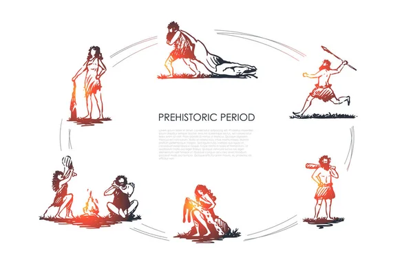 Prehistoric people - men and women aborigines carrying killed animal, throwing spear, standing with bludgeon, processing skin, making fire vector concept set — Stock Vector