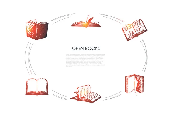 Livres ouverts - livres avec pages ouvertes et couvertures ensemble de concept vectoriel — Image vectorielle