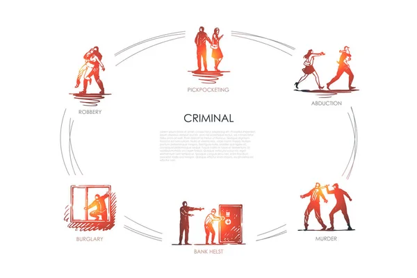 Criminal - carterista, secuestro, asesinato, banco helst, robo, robo vector concepto conjunto — Archivo Imágenes Vectoriales