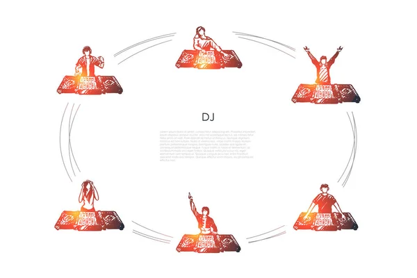 DJ - hombres y mujeres DJs en auriculares que reproducen música vector concepto conjunto — Vector de stock