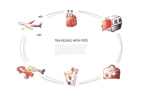 Traveling with pets - dog in bag, carrier, veterinary kit, pets ticket and toys vector concept set - Stok Vektor