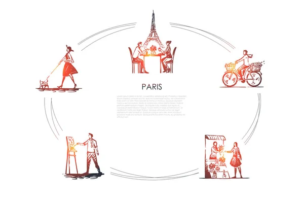 Paris - människor ridning cykel, dricka kaffe med Eiffel handduk bakom, målning, köper blommor, gångavstånd hund vektor konceptet set — Stock vektor