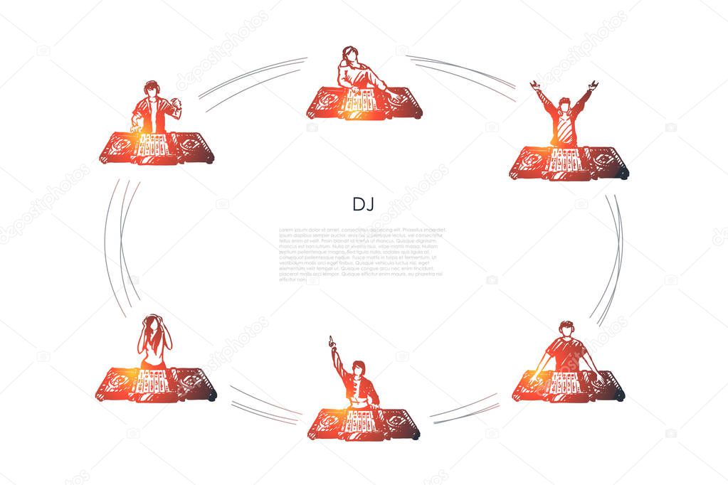 DJ - men and women DJs in headphones playing music vector concept set