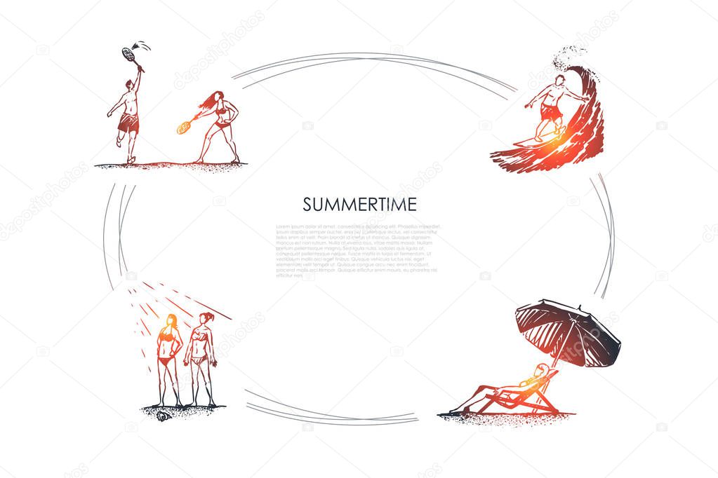 Walk in the park - people playing badminton, riding surf, sunbathing and relaxing vector concept set