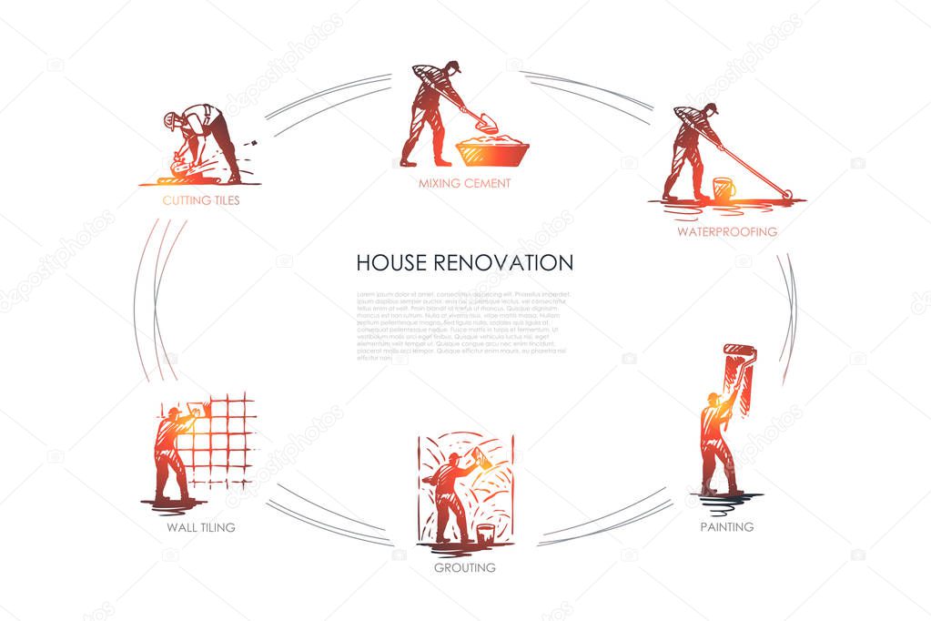 House renovation - cutting tiles, mixing cement, waterproofing, painting, grouting, wall tiling vector concept set