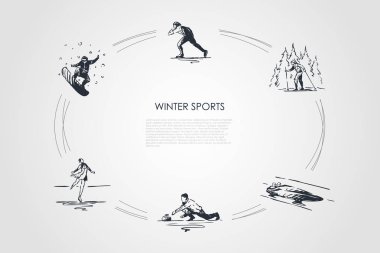 Kış sporları - snowboard, buz pateni, Kayak, artistik patinaj, yarış kızağı, vektör kavramı set curling