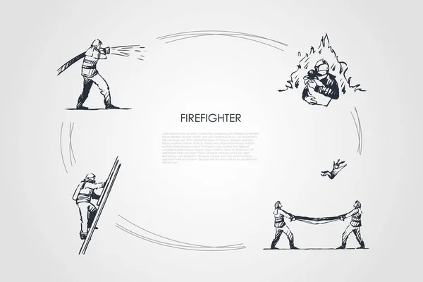 Bombero - bombero hombre extinción de fuego, subir la escalera, salvar a las personas y la captura de arriba conjunto concepto de vector — Archivo Imágenes Vectoriales