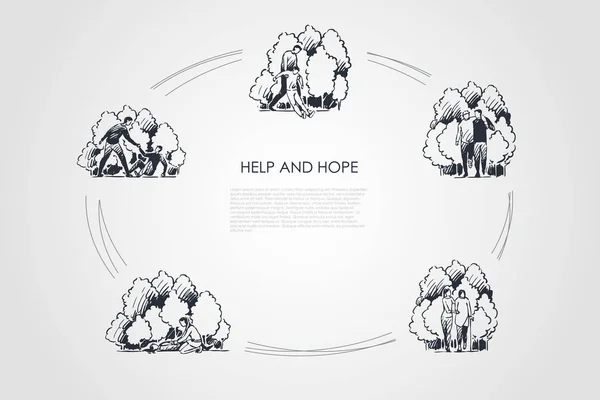 Βοήθεια και ελπίδα - άνθρωποι που βοηθούν άλλους ανθρώπους σε δύσκολες καταστάσεις διάνυσμα έννοια σύνολα — Διανυσματικό Αρχείο