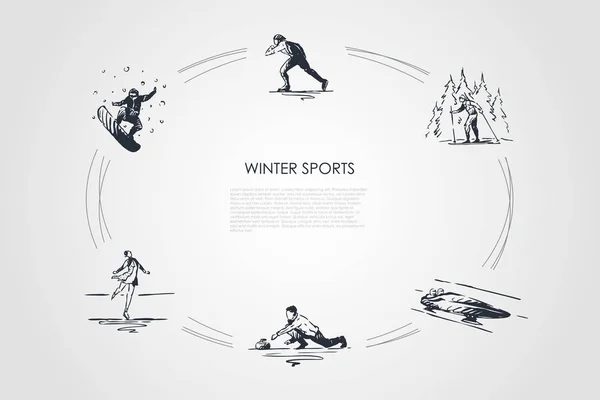 Sport invernali snowboard, pattinaggio, sci, pattinaggio artistico, bob, curling vector concept set — Vettoriale Stock
