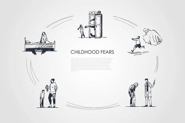 Childhood fears - children afraid of ghosts, doctor, werewolf and belt punishment vector concept set — Stock Vector