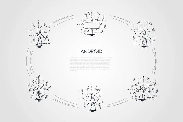 Android - роботи з андроїд скриптами Векторний концепт набір — стоковий вектор