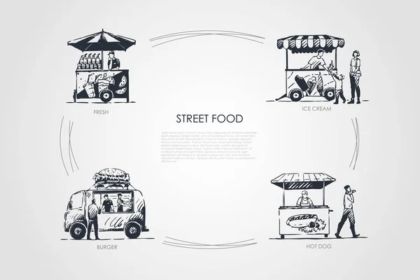 Street food - helado, hot dog, hamburguesa, conjunto de conceptos de vectores de alimentos frescos — Archivo Imágenes Vectoriales