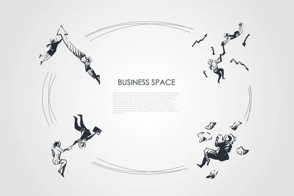 业务空间-具有空间向量概念集中营销指标和文档的商务人士 — 图库矢量图片