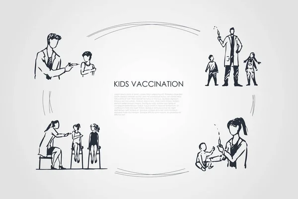 Vaksinasi anak - dokter yang melakukan suntikan veksinasi pada konsep vektor anak-anak ditetapkan - Stok Vektor