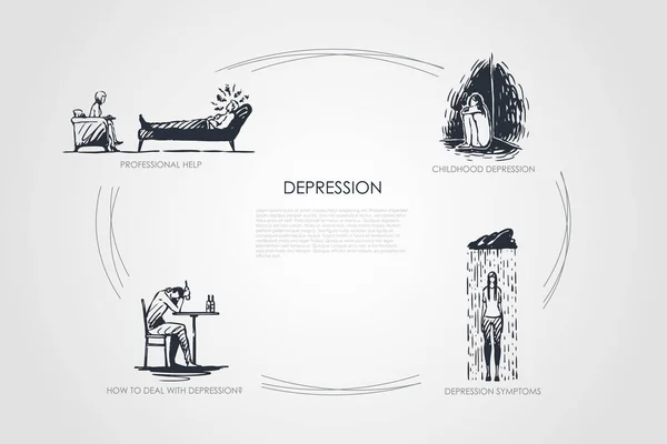 Depression - professional help, childhood depression, depression symptoms, how to deal with depression vector concept set