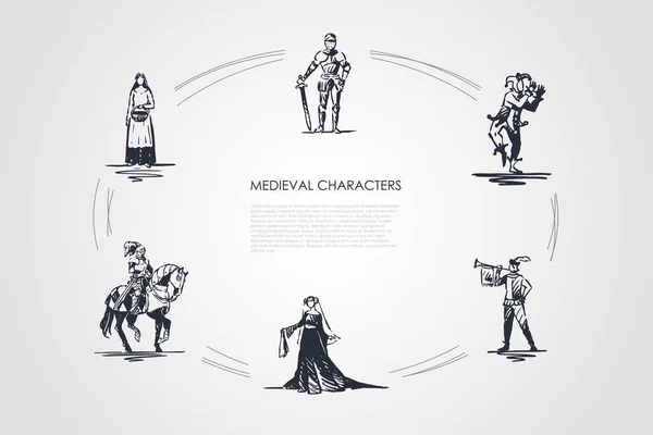 Middeleeuwse personages - ridder, troubadour, buffon, boer vrouw en gravin vector concept set — Stockvector