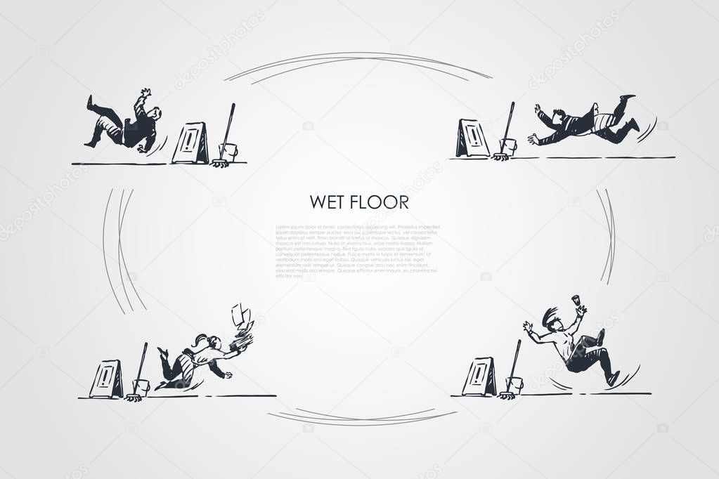 Wet floor - people falling down on wet floor with special sign vector concept set