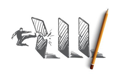 Başarı, hedef, başlangıç, işadamı, başarı kavramı. Elle çizilmiş izole vektör.