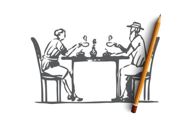 Eski, kaç, kahve, üst düzey, Cafe konsept. Elle çizilmiş izole vektör.