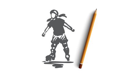 Kız, paten, paten, çocuk, etkin kavramı. Elle çizilmiş izole vektör.