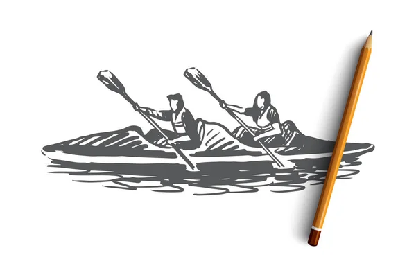 Kayak, sport, water, paddle, canoe concept. Hand drawn isolated vector.