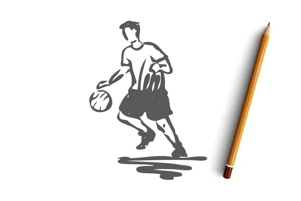 Jongen, sport, basketbal, bal, sport concept. Hand getekende geïsoleerde vector. — Stockvector