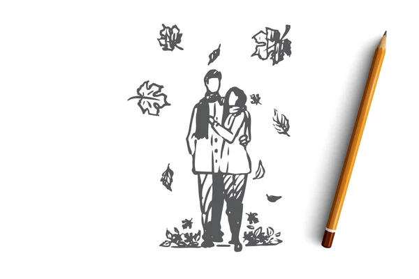 Herfst, paar, liefde, val, romantische concept. Hand getekende geïsoleerde vector. — Stockvector