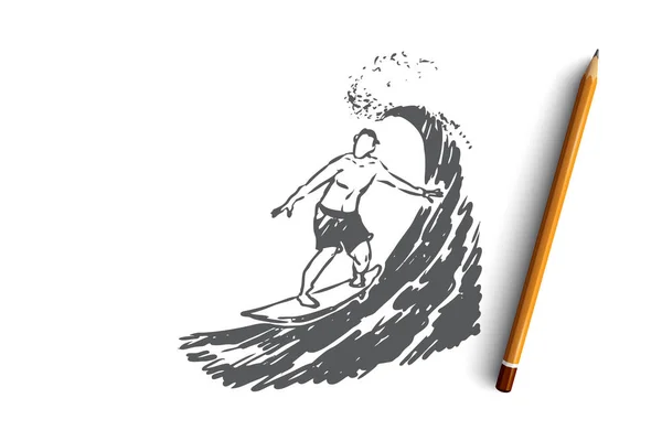 Surf, ola, verano, tabla, concepto deportivo. Vector aislado dibujado a mano . — Archivo Imágenes Vectoriales