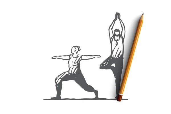 Oude, paar, yoga, fitness, oefening concept. Hand getekende geïsoleerde vector. — Stockvector