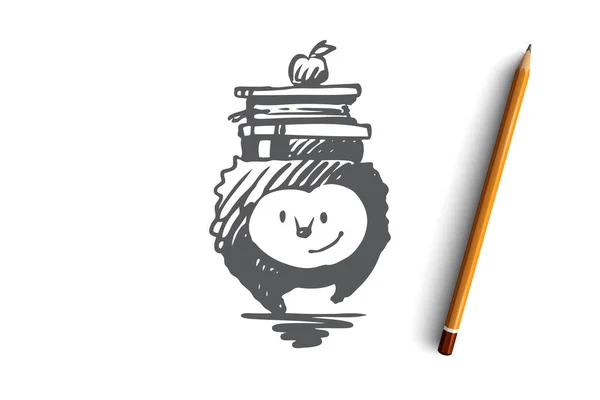École, animal, hérisson, livre, concept de pomme. Vecteur isolé dessiné à la main . — Image vectorielle